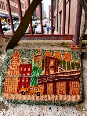 Marshalls Embroidered New York Scene Crossbody Bag in Green and Tan